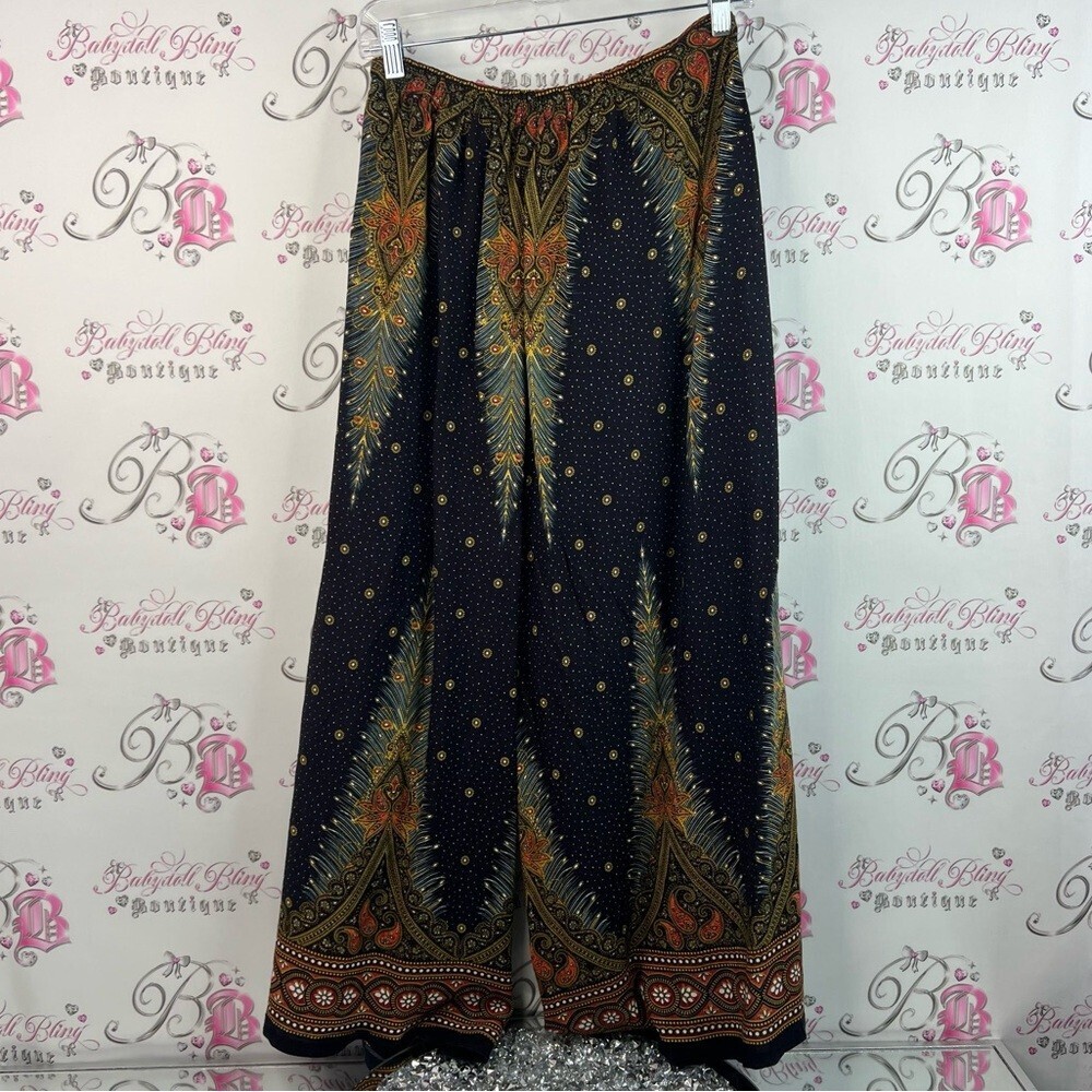 Pants wide leg flowy flare Thailand Bohemian Wide-Leg Pants with Paisley Print - Picture 2 of 14